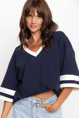 Stevie Relaxed-Fit V-Neck Tee - Navy and Butter - The Self Styler