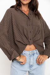 Arlo Cropped Tuck Check Shirt - Chocolate - The Self Styler