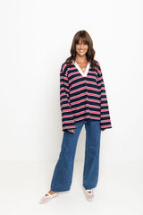 Addison Rugby Polo Top - Navy, Red & Pink Stripes - The Self Styler