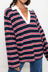 Addison Rugby Polo Top - Navy, Red & Pink Stripes - The Self Styler