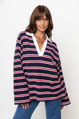 Addison Rugby Polo Top - Navy, Red & Pink Stripes - The Self Styler