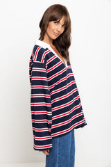 Addison Rugby Polo Top - Navy, Red & Pink Stripes - The Self Styler