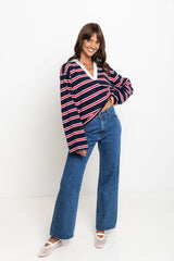Addison Rugby Polo Top - Navy, Red & Pink Stripes - The Self Styler