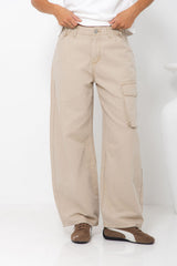Jordyn Barrel Cargo Denim Jeans - Sand Beige