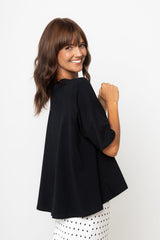 Woman wearing a black blouse with a white background