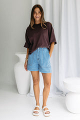 Koah boxy-fit tee in espresso brown, oversized short sleeve t-shirt styled with light wash denim shorts