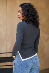 Maya Ruched Long Sleeve Top - Charcoal and Ivory