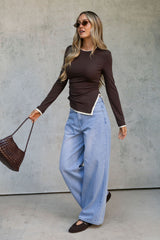 Maya Ruched Long Sleeve Top - Chocolate and Ivory