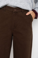 Brown pants worn by a person on a white background