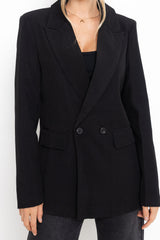 Black blazer worn by a person on a white background
