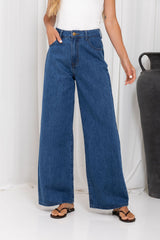 River Wide-Leg Denim Jeans - Mid Wash Blue