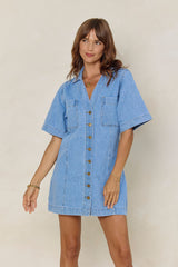 Aspen V-Neck Denim Dress - Light Wash - The Self Styler