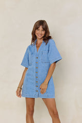 Aspen V-Neck Denim Dress - Light Wash - The Self Styler
