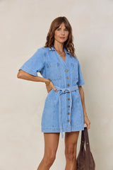 Aspen V-Neck Denim Dress - Light Wash - The Self Styler