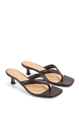 A pair of dark brown leather thong sandals with low kitten heels and square toes, shown on a clean white background.