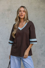 Stevie Relaxed-Fit V-Neck Tee - Blue and Chocolate