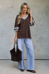 Stevie Relaxed-Fit V-Neck Tee - Blue and Chocolate