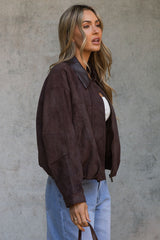 Suki Suede Look Bomber Jacket - Chocolate