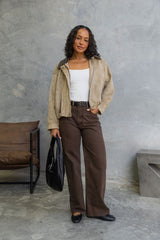 Suki Suede Look Bomber Jacket - Light Khaki