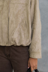 Suki Suede Look Bomber Jacket - Light Khaki