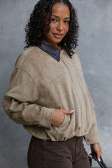 Suki Suede Look Bomber Jacket - Light Khaki