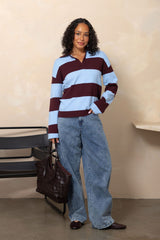Taylor Rugby Stripe Polo Knit - Blue and Plum