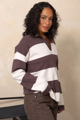 Taylor Rugby Stripe Polo Knit - Chocolate and Cream