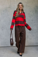 Taylor Rugby Stripe Polo Knit - Chocolate and Red