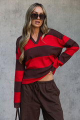 Taylor Rugby Stripe Polo Knit - Chocolate and Red