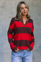 Taylor Rugby Stripe Polo Knit - Chocolate and Red