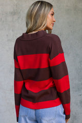 Taylor Rugby Stripe Polo Knit - Chocolate and Red