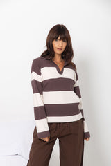 Taylor Rugby Stripe Polo Knit - Chocolate and Cream