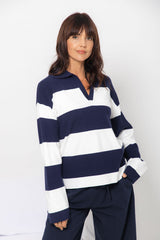 Taylor Rugby Stripe Polo Knit - Navy and Cream