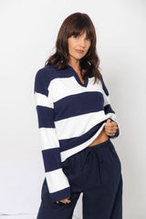 Taylor Rugby Stripe Polo Knit - Navy and Cream