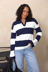 Taylor Rugby Stripe Polo Knit - Navy and Cream