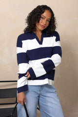 Taylor Rugby Stripe Polo Knit - Navy and Cream