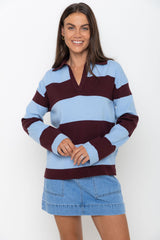 Taylor Rugby Stripe Polo Knit - Blue and Plum