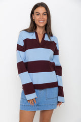 Taylor Rugby Stripe Polo Knit - Blue and Plum