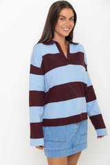 Taylor Rugby Stripe Polo Knit - Blue and Plum