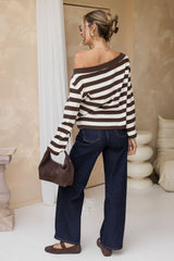 Thea Boat Neck Stripe Top - Cream and Chocolate
