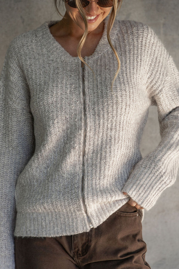 Winnie Zip-Up Knit Cardigan - Grey Marle