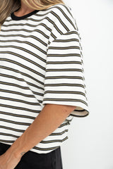 Zephyr Relaxed-Fit Stripe Tee - Cream with Olive and Black - The Self Styler