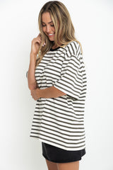 Zephyr Relaxed-Fit Stripe Tee - Cream with Olive and Black - The Self Styler