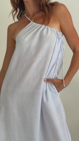 Clara One-Shoulder Maxi Dress - White and Blue Stripe