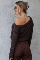 Jayla Off-The-Shoulder Long Sleeve Top - Chocolate