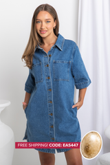 Tallow Relaxed-Fit Denim Mini Dress - Dark Blue Wash - The Self Styler