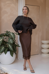 Georgie Satin Lace Midi Skirt - Chocolate