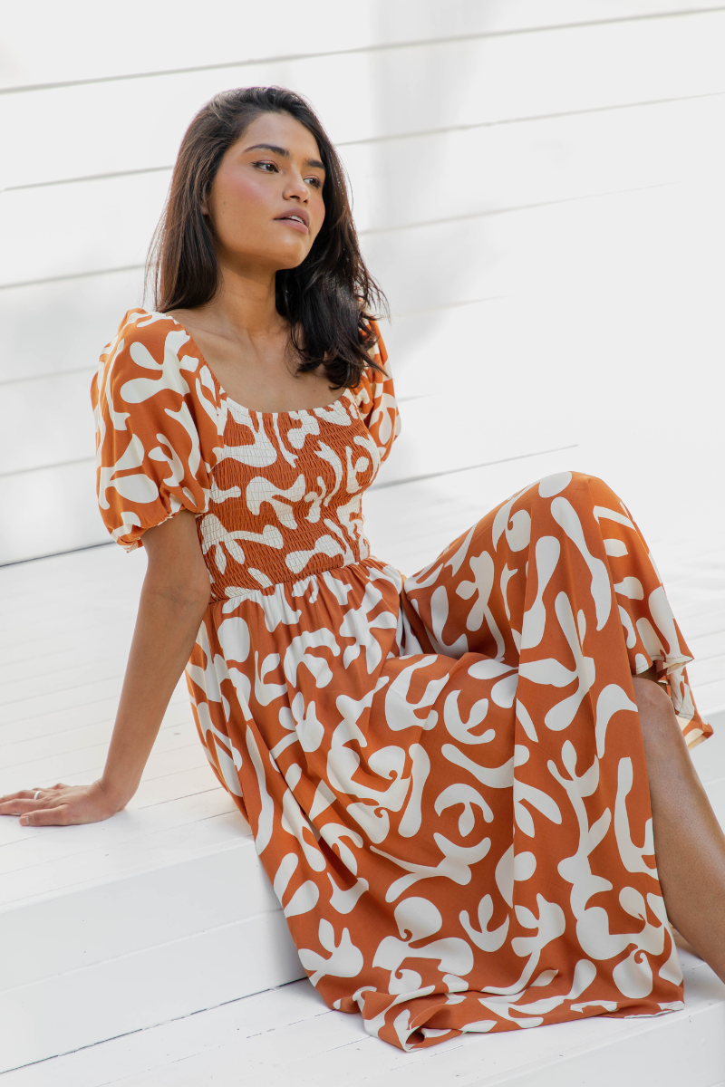 Isha Midi Dress - Sunset Orange - The Self Styler