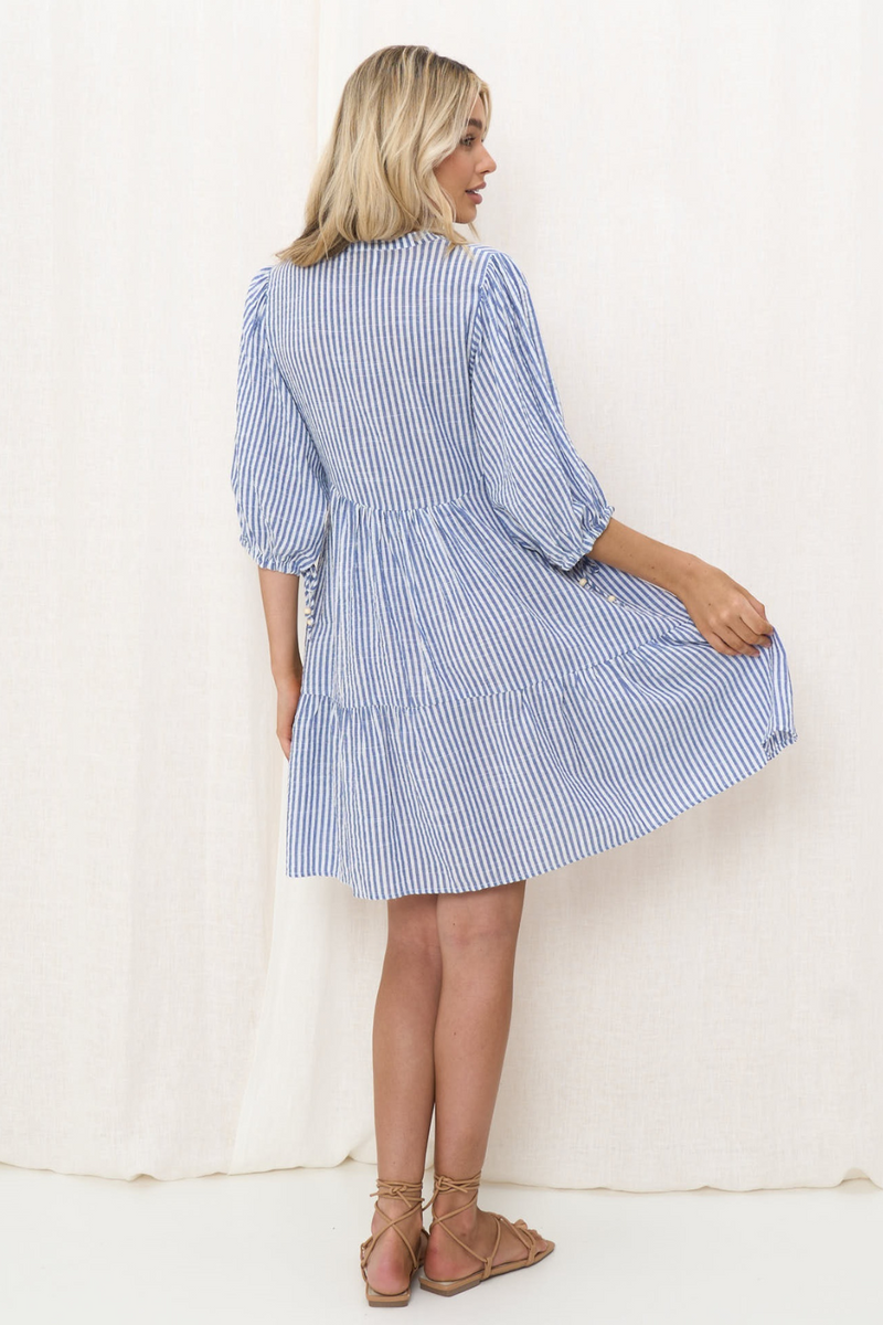 Carla Cotton Mini Dress - Blue Stripe - The Self Styler