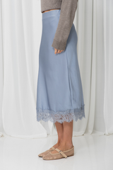 Georgie Satin Lace Midi Skirt - Steel Blue